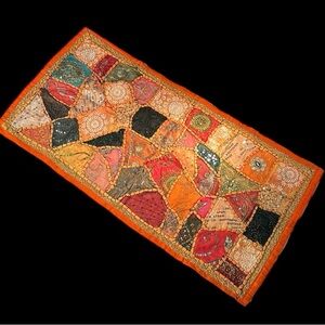 Fancy silk and mixed media wall tapestry. Orange Gold red black multicoloured